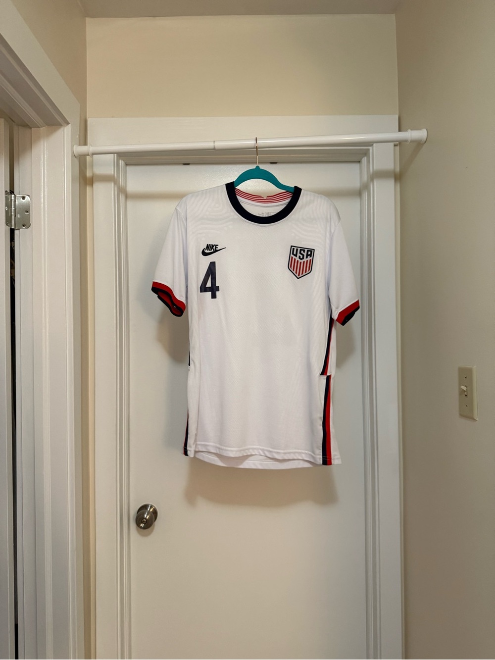 Nike White USA Soccer Jersey with Red & Navy Trim, Number 4
